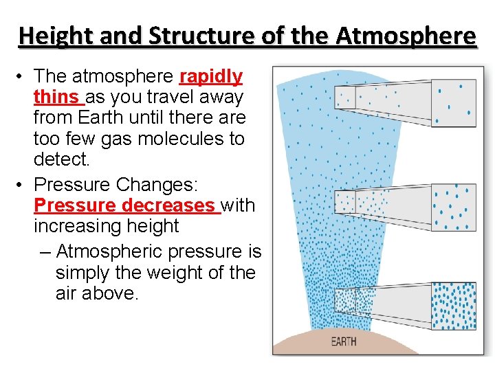 Height and Structure of the Atmosphere • The atmosphere rapidly thins as you travel