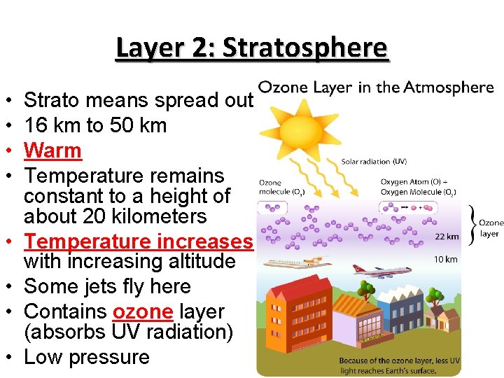 Layer 2: Stratosphere • • Strato means spread out 16 km to 50 km