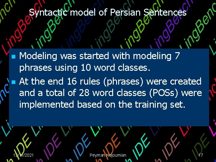 Syntactic model of Persian Sentences n n Modeling was started with modeling 7 phrases Syntactic model of Persian Sentences n n Modeling was started with modeling 7 phrases