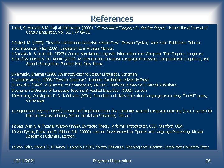 References 1. Assi, S. Mostafa & M. Haji Abdolhosseini (2000). “Grammatical Tagging of a References 1. Assi, S. Mostafa & M. Haji Abdolhosseini (2000). “Grammatical Tagging of a