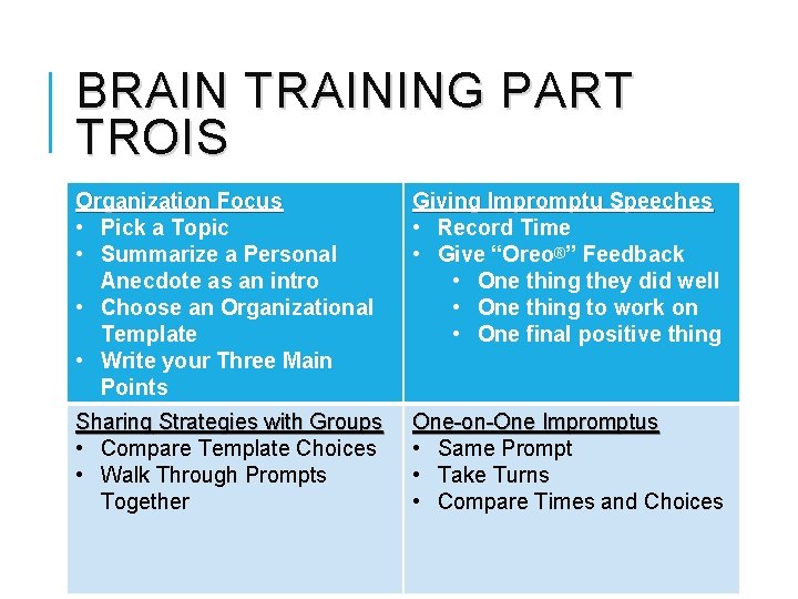 BRAIN TRAINING PART TROIS Organization Focus • Pick a Topic • Summarize a Personal