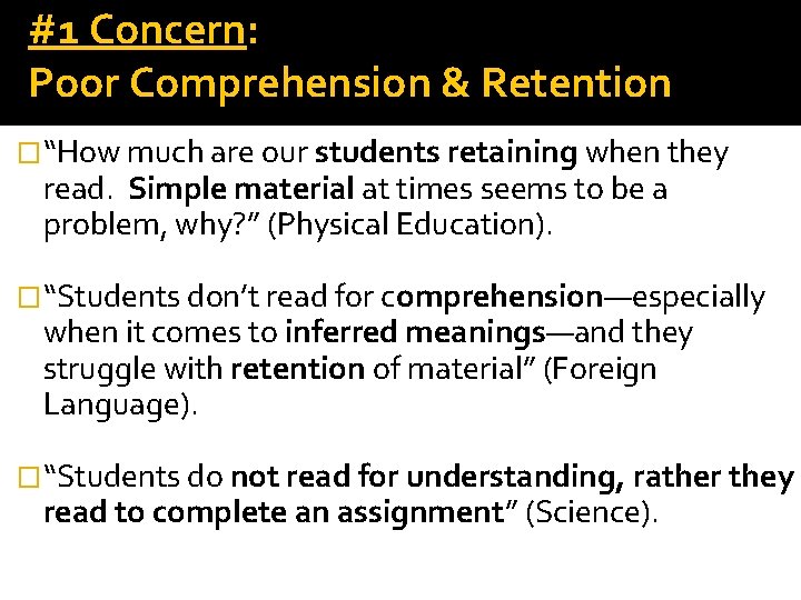 #1 Concern: Poor Comprehension & Retention �“How much are our students retaining when they #1 Concern: Poor Comprehension & Retention �“How much are our students retaining when they