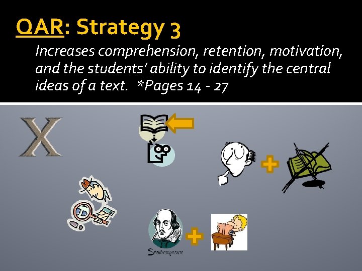 QAR: Strategy 3 Increases comprehension, retention, motivation, and the students’ ability to identify the QAR: Strategy 3 Increases comprehension, retention, motivation, and the students’ ability to identify the