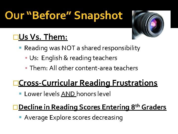 Our “Before” Snapshot �Us Vs. Them: Reading was NOT a shared responsibility ▪ Us: Our “Before” Snapshot �Us Vs. Them: Reading was NOT a shared responsibility ▪ Us:
