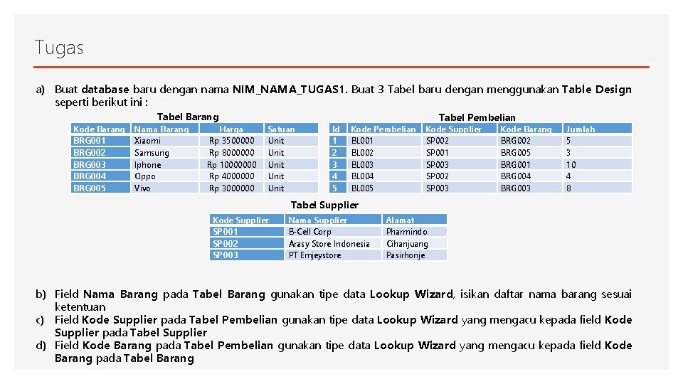 Tugas a) Buat database baru dengan nama NIM_NAMA_TUGAS 1. Buat 3 Tabel baru dengan