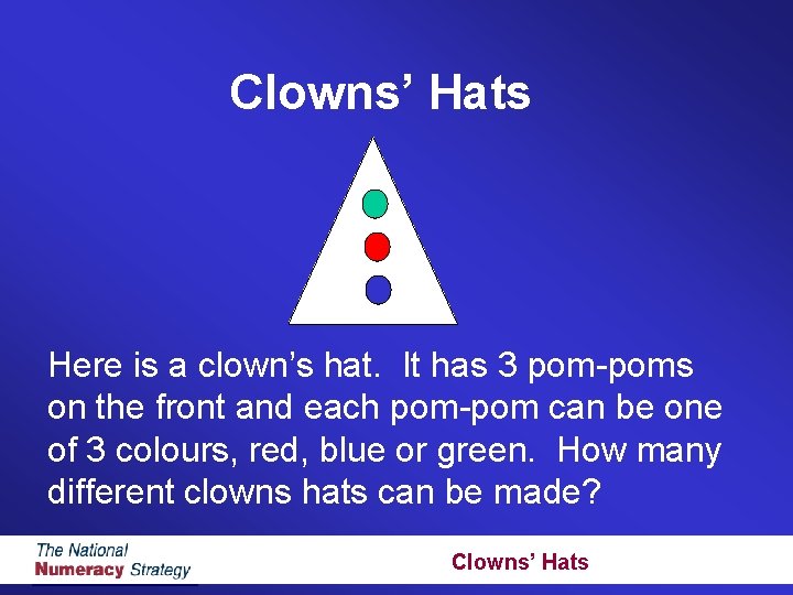 Clowns’ Hats Here is a clown’s hat. It has 3 pom-poms on the front