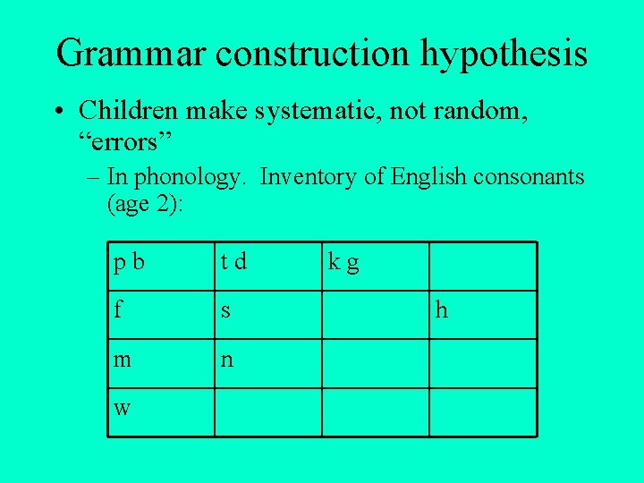 Grammar construction hypothesis • Children make systematic, not random, “errors” – In phonology. Inventory