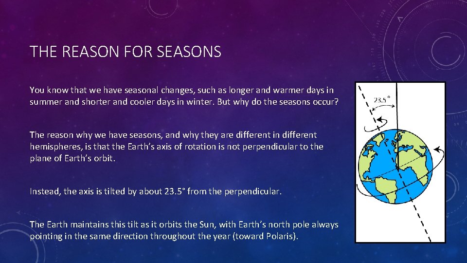 THE REASON FOR SEASONS You know that we have seasonal changes, such as longer