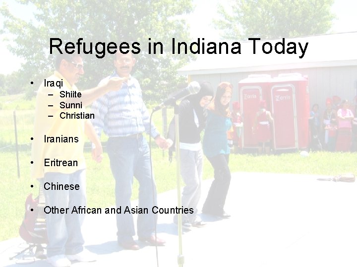 Refugees in Indiana Today • Iraqi – Shiite – Sunni – Christian • Iranians