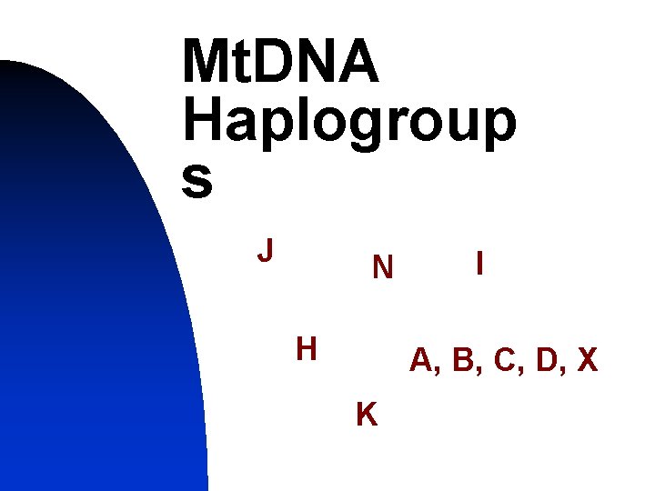 Mt. DNA Haplogroup s J N H I A, B, C, D, X K