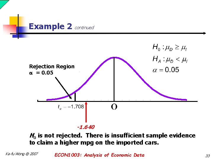 Example 2 continued Rejection Region = 0. 05 -1. 640 H 0 is not