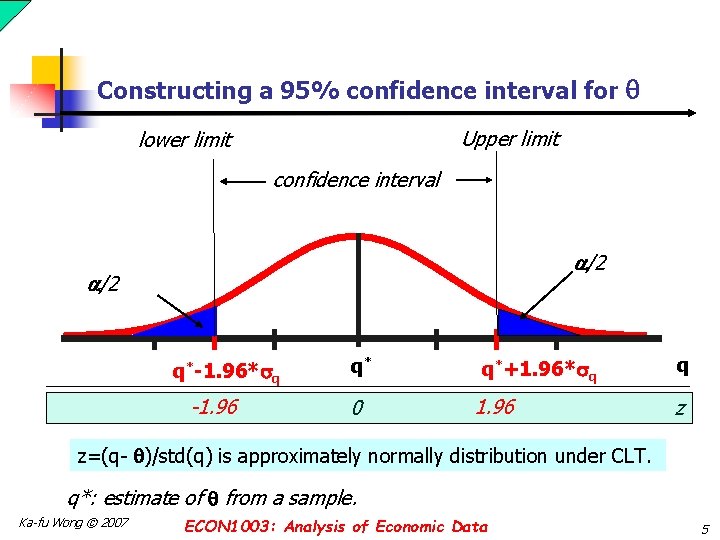 Constructing a 95% confidence interval for Upper limit lower limit confidence interval /2 q*-1.