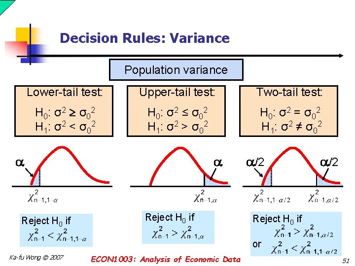 Decision Rules: Variance Population variance Lower-tail test: Upper-tail test: Two-tail test: H 0: σ