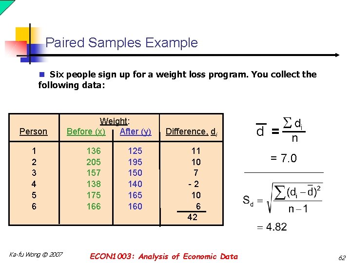 Paired Samples Example n Six people sign up for a weight loss program. You Paired Samples Example n Six people sign up for a weight loss program. You