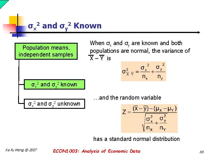 σx 2 and σy 2 Known Population means, independent samples When σx and σy