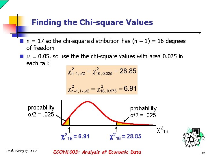 Finding the Chi-square Values n n = 17 so the chi-square distribution has (n