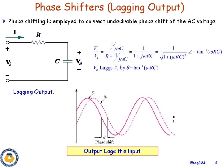 Phase Shifters (Lagging Output) Ø Phase shifting is employed to correct undesirable phase shift