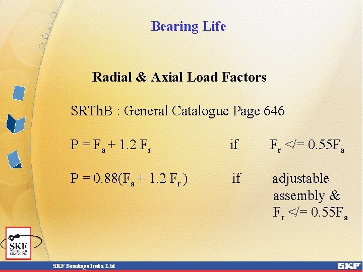 Bearing Life Radial & Axial Load Factors SRTh. B : General Catalogue Page 646