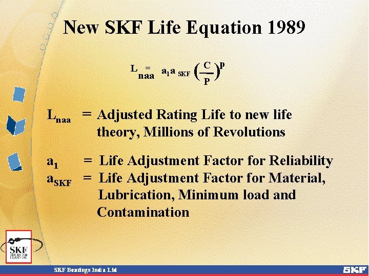 New SKF Life Equation 1989 L = a 1 a SKF naa C p