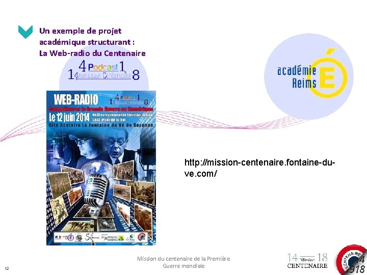 Un exemple de projet académique structurant : La Web-radio du Centenaire http: //mission-centenaire. fontaine-duve.