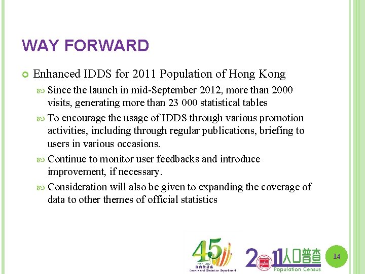 WAY FORWARD Enhanced IDDS for 2011 Population of Hong Kong Since the launch in
