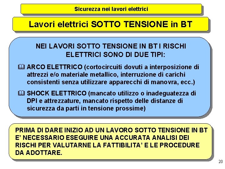 Sicurezza nei lavori elettrici Lavori elettrici SOTTO TENSIONE in BT NEI LAVORI SOTTO TENSIONE