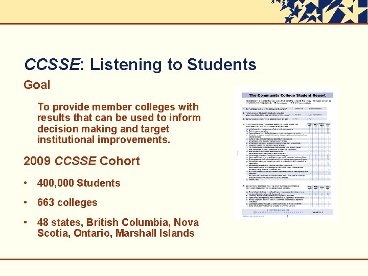 CCSSE: Listening to Students Goal To provide member colleges with results that can be