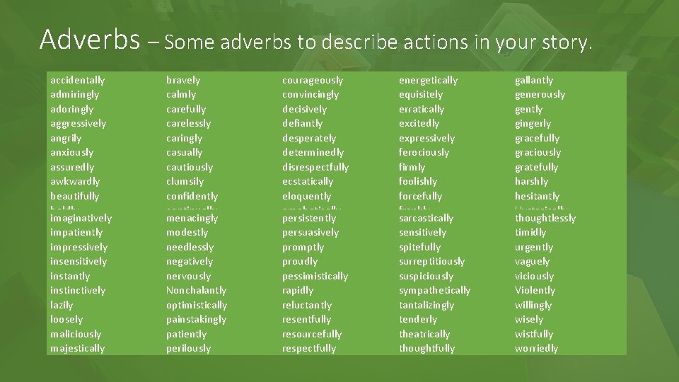 Adverbs – Some adverbs to describe actions in your story. accidentally admiringly adoringly aggressively Adverbs – Some adverbs to describe actions in your story. accidentally admiringly adoringly aggressively