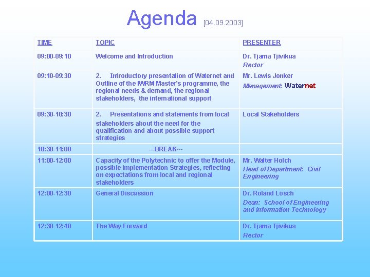 Agenda [04. 09. 2003] TIME TOPIC PRESENTER 09: 00 -09: 10 Welcome and Introduction
