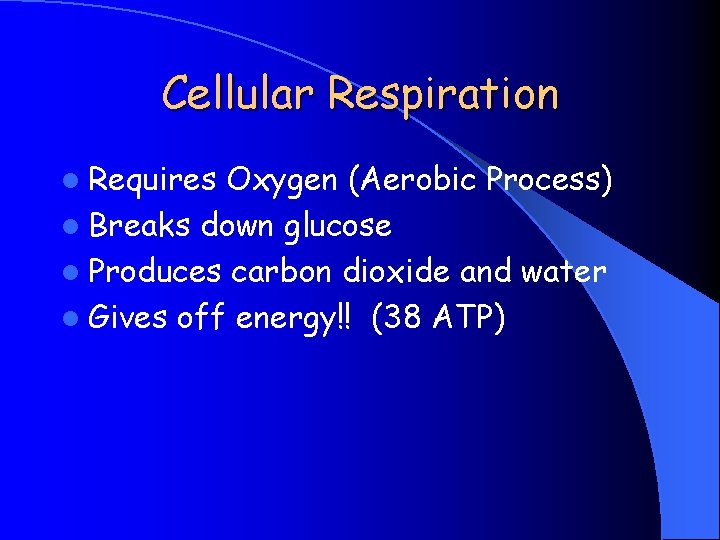 Cellular Respiration l Requires Oxygen (Aerobic Process) l Breaks down glucose l Produces carbon