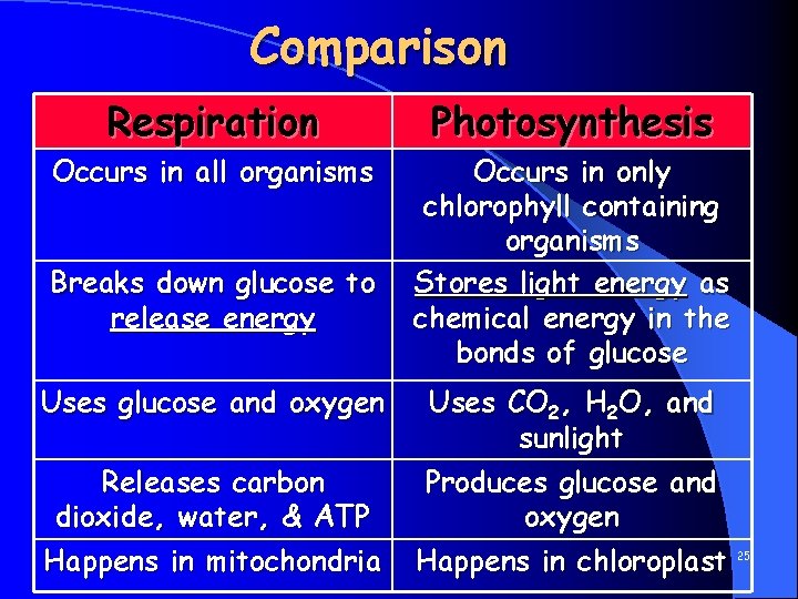 Comparison Respiration Photosynthesis Occurs in all organisms Occurs in only chlorophyll containing organisms Stores