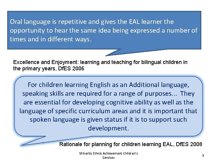 Oral language is repetitive and gives the EAL learner the opportunity to hear the