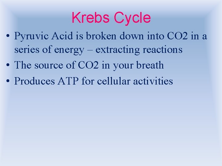 Krebs Cycle • Pyruvic Acid is broken down into CO 2 in a series