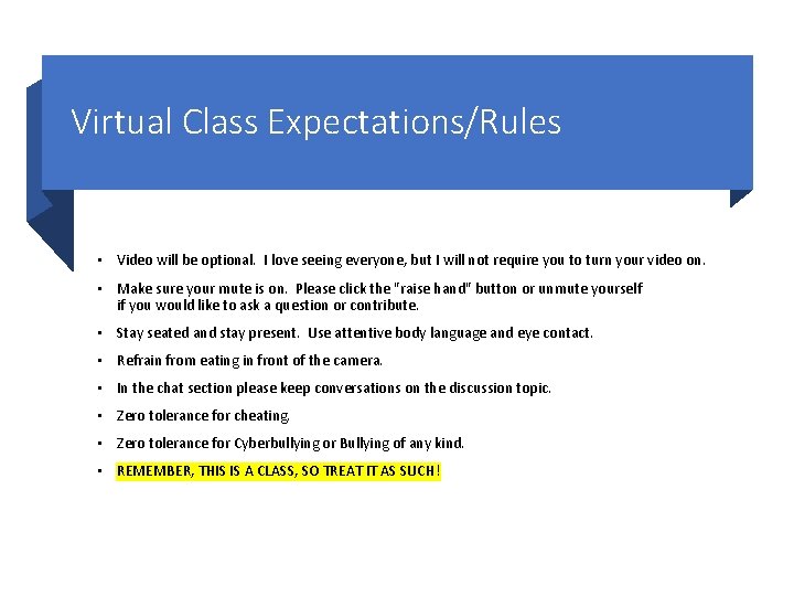 Virtual Class Expectations/Rules • Video will be optional. I love seeing everyone, but I