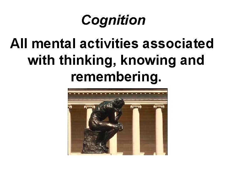 Cognition All mental activities associated with thinking, knowing and remembering. 