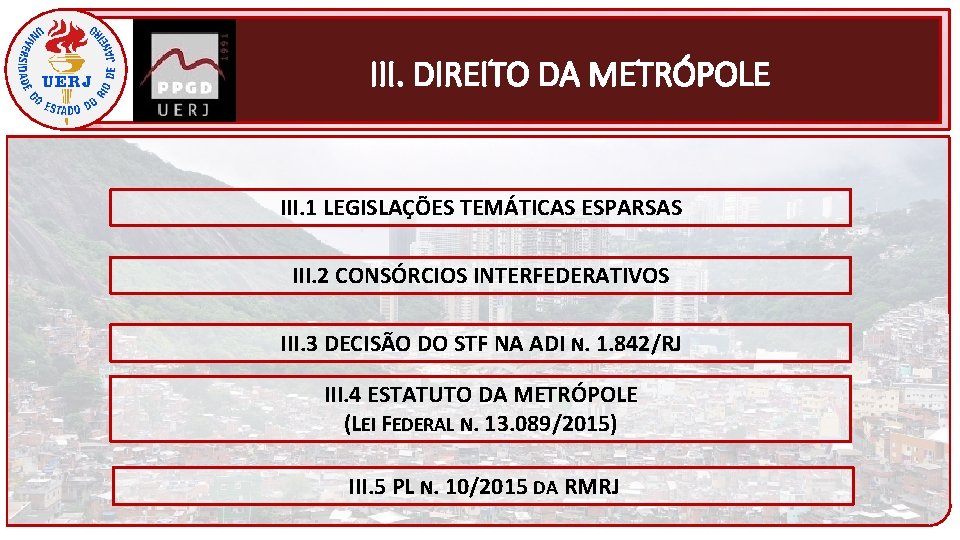 III. DIREITO DA METRÓPOLE III. 1 LEGISLAÇÕES TEMÁTICAS ESPARSAS III. 2 CONSÓRCIOS INTERFEDERATIVOS III.