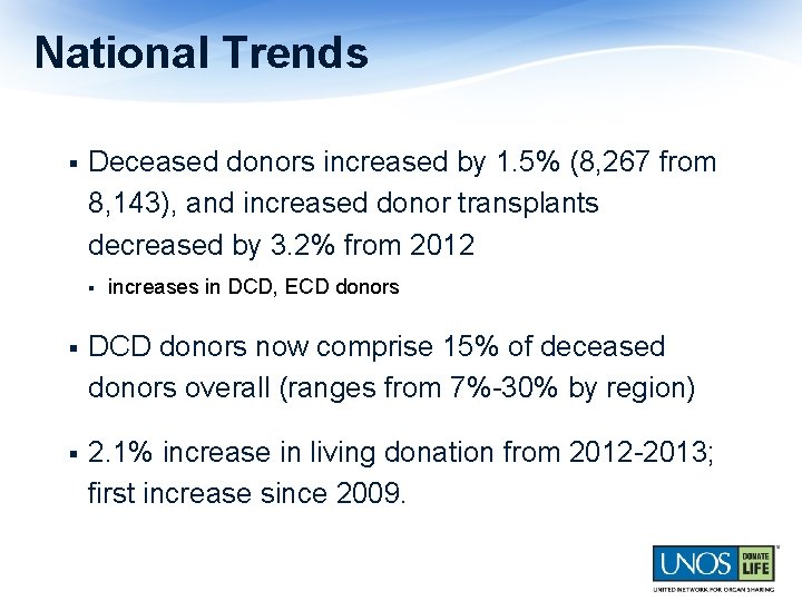 National Trends § Deceased donors increased by 1. 5% (8, 267 from 8, 143),