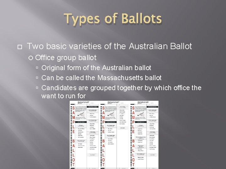 Types of Ballots Two basic varieties of the Australian Ballot Office group ballot Original