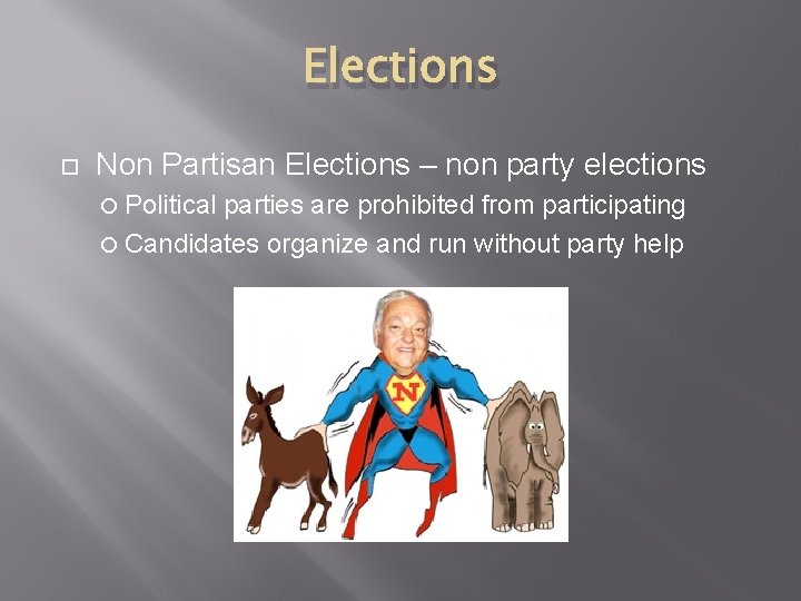 Elections Non Partisan Elections – non party elections Political parties are prohibited from participating