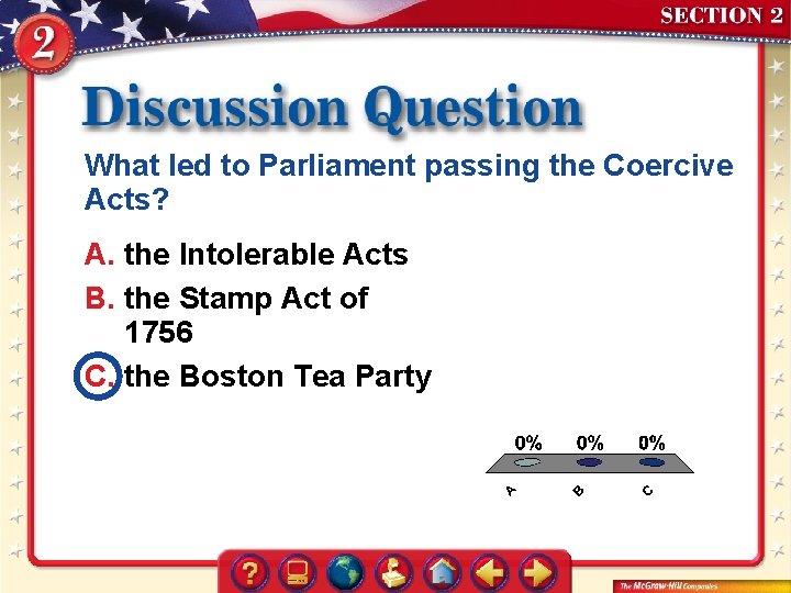 What led to Parliament passing the Coercive Acts? A. the Intolerable Acts B. the