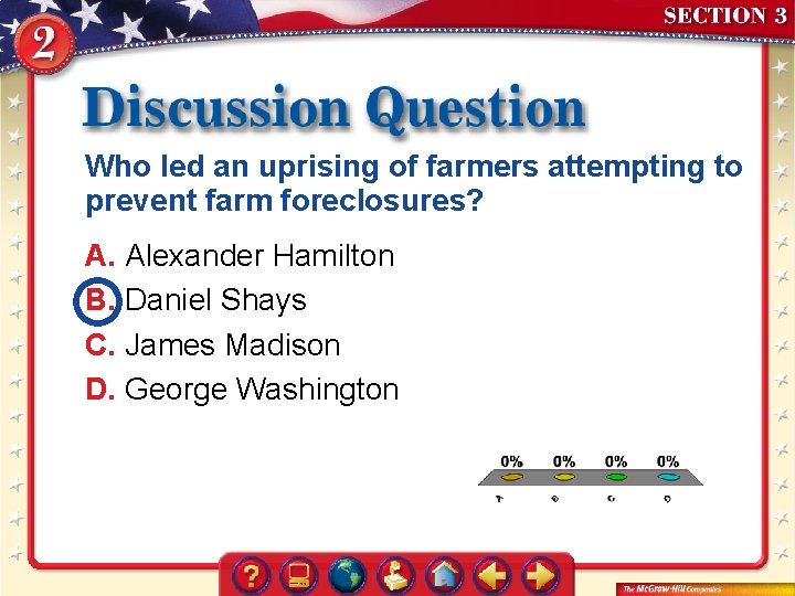 Who led an uprising of farmers attempting to prevent farm foreclosures? A. Alexander Hamilton