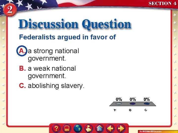 Federalists argued in favor of A. a strong national government. B. a weak national