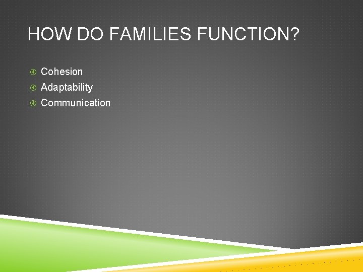 HOW DO FAMILIES FUNCTION? Cohesion Adaptability Communication HOW DO FAMILIES FUNCTION? Cohesion Adaptability Communication