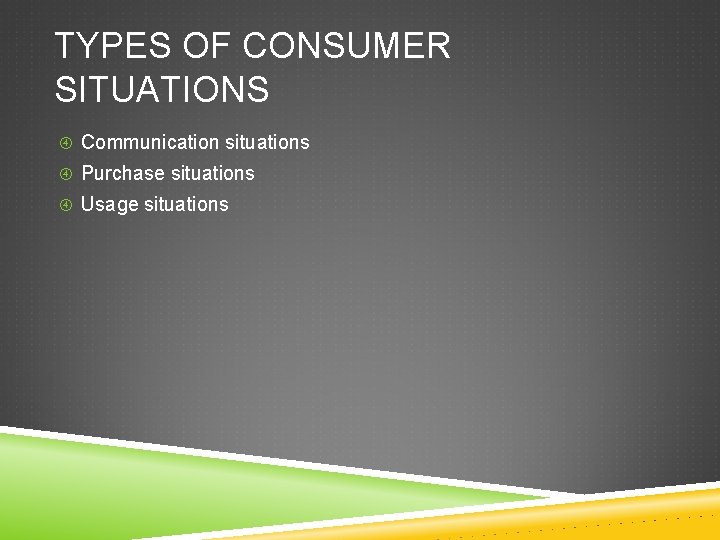 TYPES OF CONSUMER SITUATIONS Communication situations Purchase situations Usage situations 