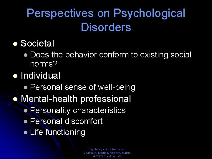 Perspectives on Psychological Disorders l Societal l l Individual l l Does the behavior