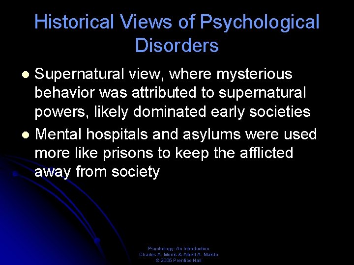 Historical Views of Psychological Disorders Supernatural view, where mysterious behavior was attributed to supernatural Historical Views of Psychological Disorders Supernatural view, where mysterious behavior was attributed to supernatural