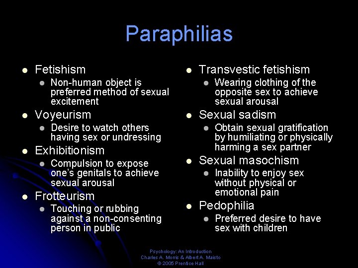 Paraphilias l Fetishism l l Desire to watch others having sex or undressing Compulsion