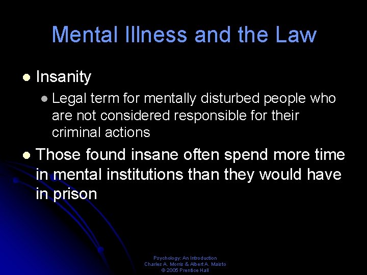 Mental Illness and the Law l Insanity l l Legal term for mentally disturbed