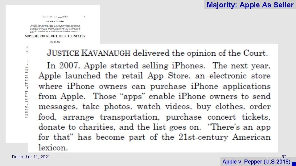 Majority: Apple As Seller December 11, 2021 52 Apple v. Pepper (U. S 2019)