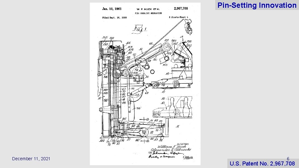 Pin-Setting Innovation December 11, 2021 6 U. S. Patent No. 2, 967, 708 